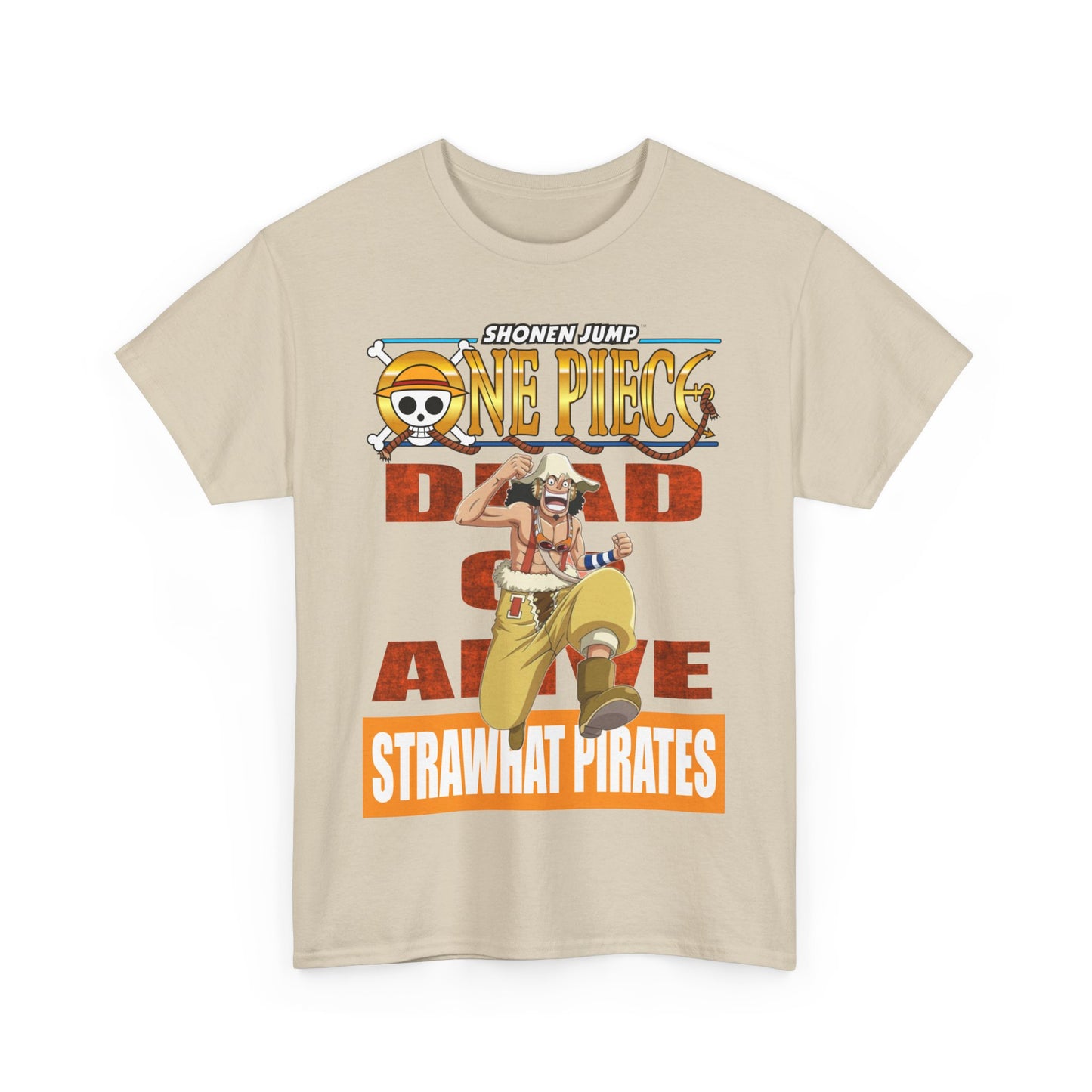 Front view of a high-quality beige t-shirt featuring an animated pirate design, embodying vibrant energy and adventure.