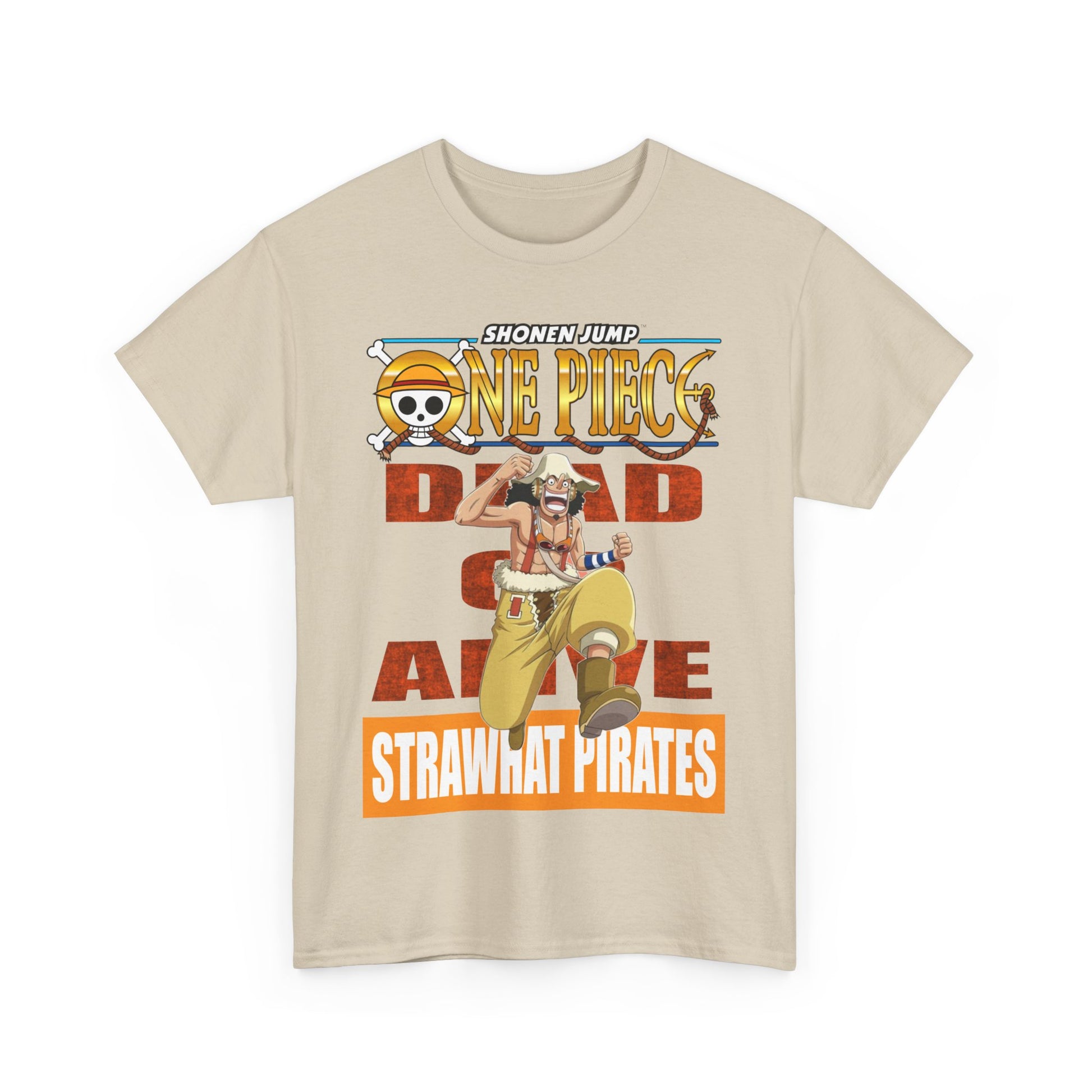 Front view of a high-quality beige t-shirt featuring an animated pirate design, embodying vibrant energy and adventure.