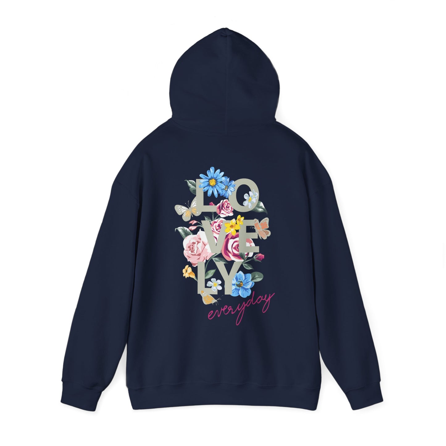 Elegant navy hoodie with a stunning floral design on the back, highlighting the word 'LOVELY' in majestic typography, perfect for adding a sophisticated touch to your everyday wardrobe.