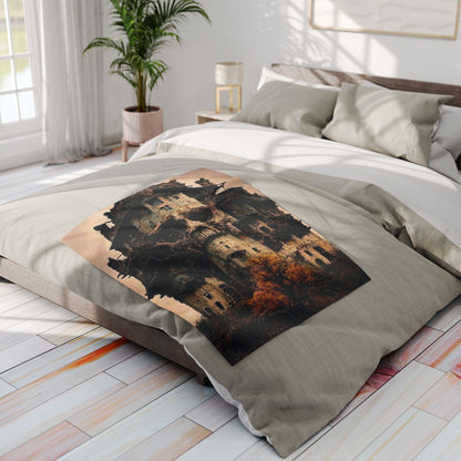 Luxurious Decorative and Warm Halloween Spooky Arctic Fleece Blanket on a beautifully made bed, featuring a striking haunted house design.