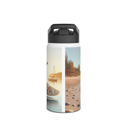 Fantasy Paddleboarding Stainless Steel Water Bottle showcasing a stunning beach scene with paddleboarders in a serene coastal setting, perfect for water enthusiasts.