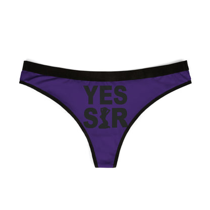 Elegant purple women's thong featuring a bold graphic print saying 'YES SIR', designed to add a cheeky touch to your intimate apparel collection.