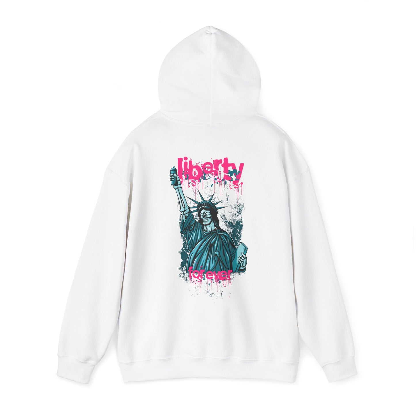Luxury white hoodie showcasing an eye-catching back print of the Statue of Liberty, featuring detailed turquoise artwork and bold pink graffiti, ideal for making a bold fashion statement.
