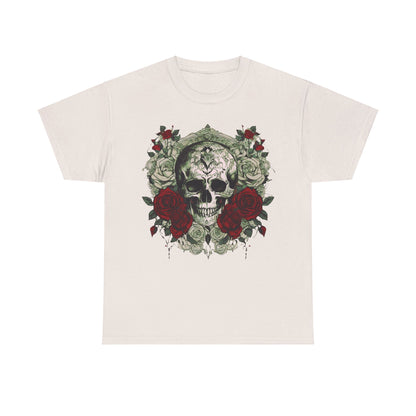 Skulls and Roses Cotton Tee in cream, showcasing a stunning design of a skull encircled by delicate red roses, ideal for a stylish and sophisticated wardrobe.