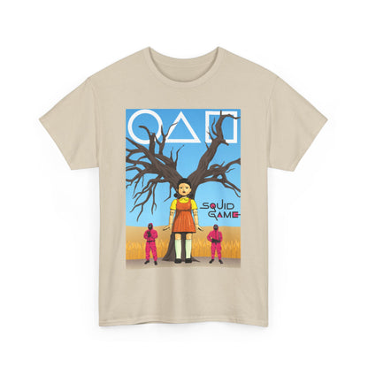 Exquisite beige Squid Game-inspired graphic tee showcasing a captivating design, ideal for both men and women who appreciate bold fashion statements.