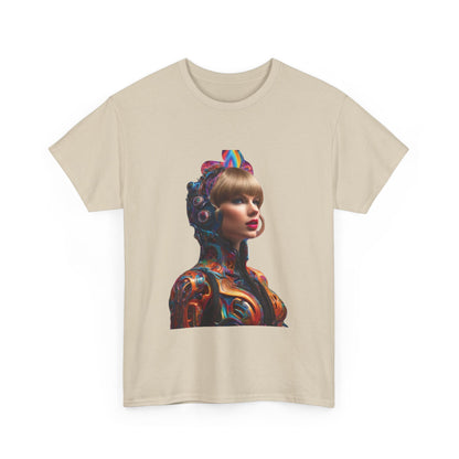 Front view of a luxury heavy cotton tee showcasing a striking psychedelic portrait of Taylor Swift, perfect for Swifties.
