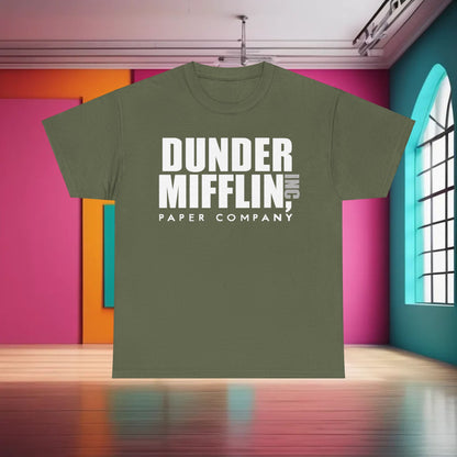 Sophisticated Dunder Mifflin Logo Graphic T-Shirt in olive green, featuring the distinguished logo that represents the quirks of The Office.
