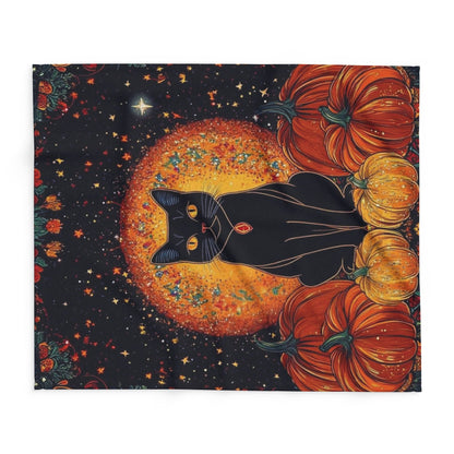 Artful image of the Decorative and Warm Halloween Spooky Arctic Fleece Blanket, highlighting a captivating black cat and pumpkins design, set against a dark starry backdrop.