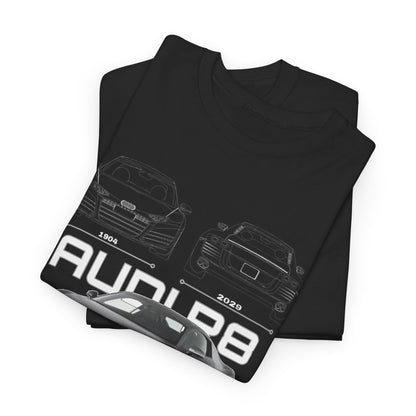 Elegant Audi R8 Blueprint T-shirt featuring intricate car designs, showcasing the series timeline from 1904 to 2029 on a sleek black background, ideal for automotive enthusiasts.
