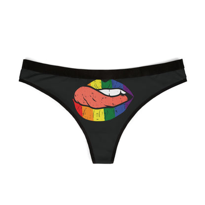 Elegant black women's thong adorned with a vibrant rainbow lip design, ideal for adding a cheeky touch to intimate wear.