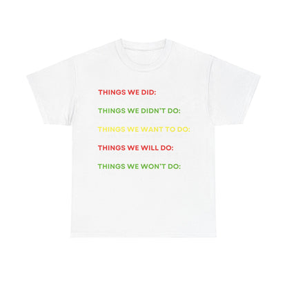 Rock Anthems Tribute Unisex Cotton T-Shirt Graphic Tee in classic white, showcasing bold phrases inspired by legendary rock anthems, ideal for a stylish yet comfortable look.