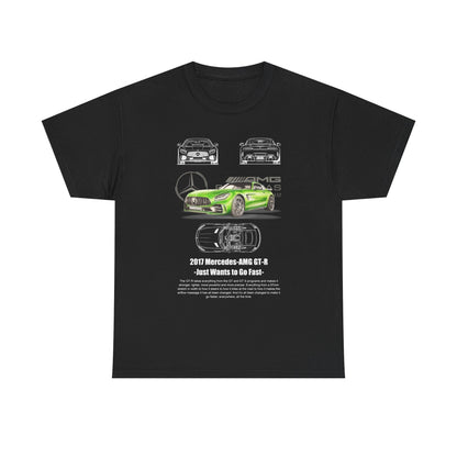 Men's Mercedes-AMG GT-R T-shirt in black, displaying a vibrant green graphic of the 2017 Mercedes-AMG GT-R, alongside stylish line drawings that highlight the car's elegant silhouette.