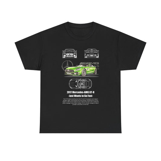 Men's Mercedes-AMG GT-R T-shirt in black, displaying a vibrant green graphic of the 2017 Mercedes-AMG GT-R, alongside stylish line drawings that highlight the car's elegant silhouette.