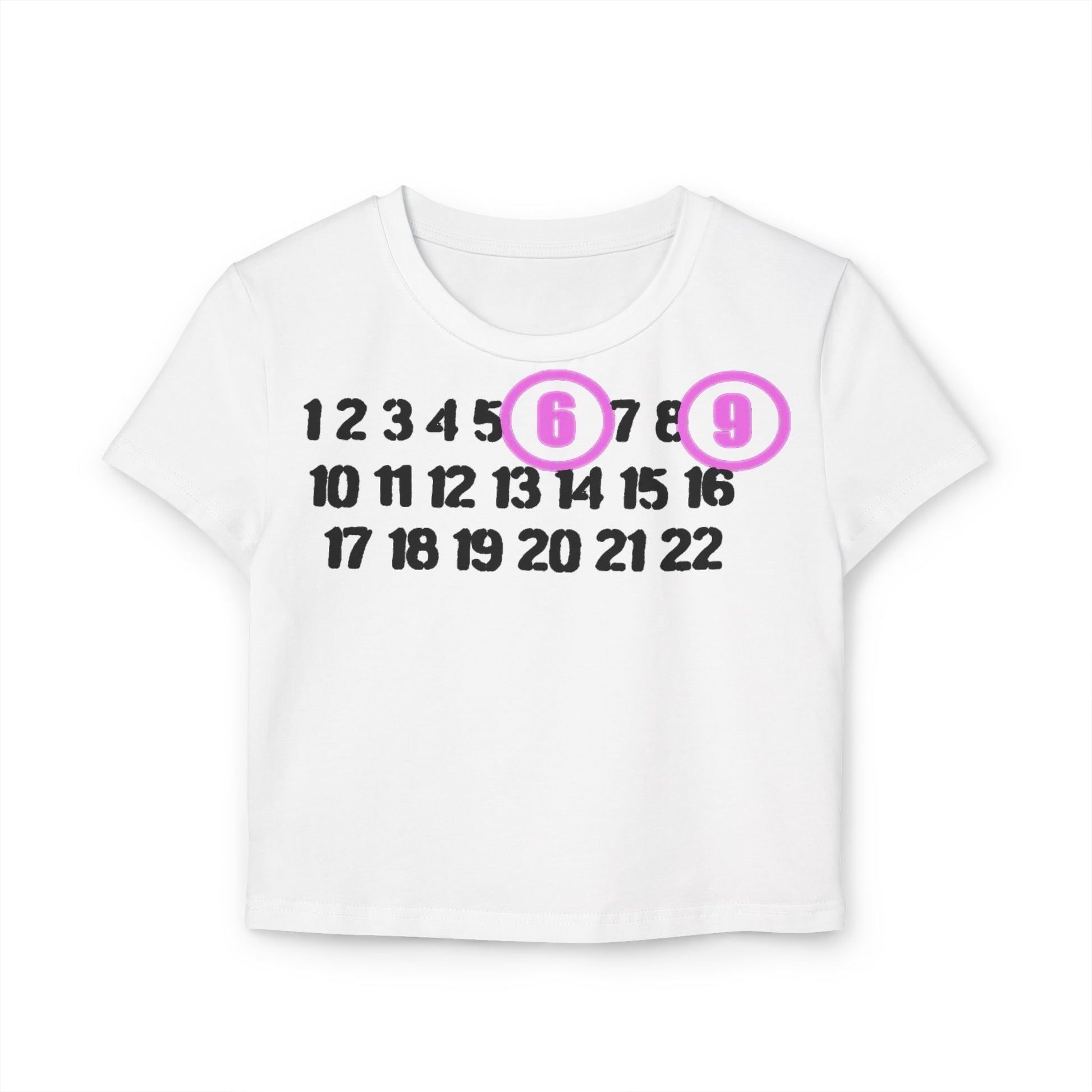 Elegant pure white cropped t-shirt adorned with a whimsical number design from 1 to 22, highlighting 6 and 9 with playful light purple circles, crafted from 100% organic cotton.