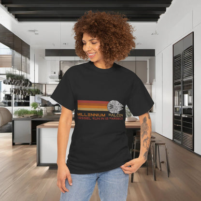 Millennium Falcon Abstract Art Graphic T-Shirt in black, showcasing a stylish retro graphic with the inscription 'Kessel Run in 12 Parsecs', perfect for a chic casual look.