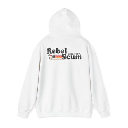 Sophisticated white hoodie showcasing a retro 'Rebel Scum' graphic on the back, celebrating vintage aesthetics.