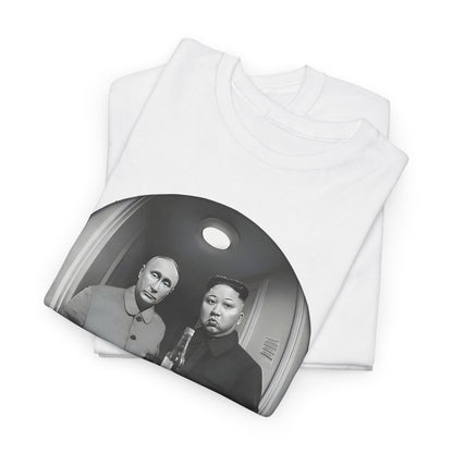 Stacked luxury graphic t-shirts accentuating a whimsical design of iconic leaders, perfect for a trendy and stylish collection.