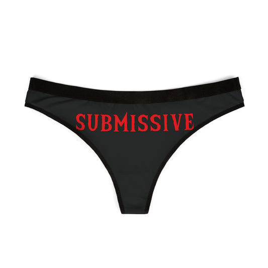Elegant black thong with striking 'SUBMISSIVE' text, perfect for adding a humorous twist to romantic occasions.