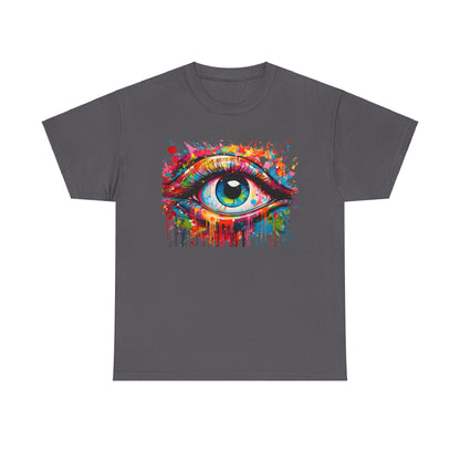 Chic dark grey unisex t-shirt featuring the eye-catching 'Visionary Drip' artwork, showcasing a beautifully coloured eye, ideal for creative wear.