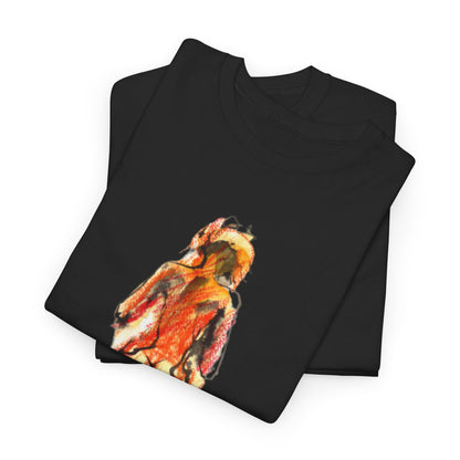 Two luxurious black cotton graphic t-shirts piled together, showcasing a stunning artistic design of an alluring silhouette in warm tones of orange and red, embodying playful sophistication.