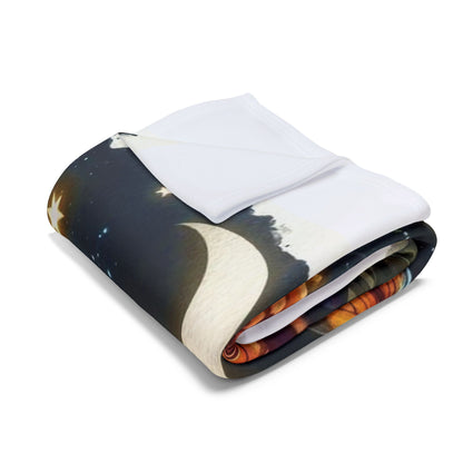 Luxuriously folded Decorative and Warm Halloween Skellington Spooky Arctic Fleece Blanket showcasing a starry night design with a crescent moon, ideal for Halloween comfort.