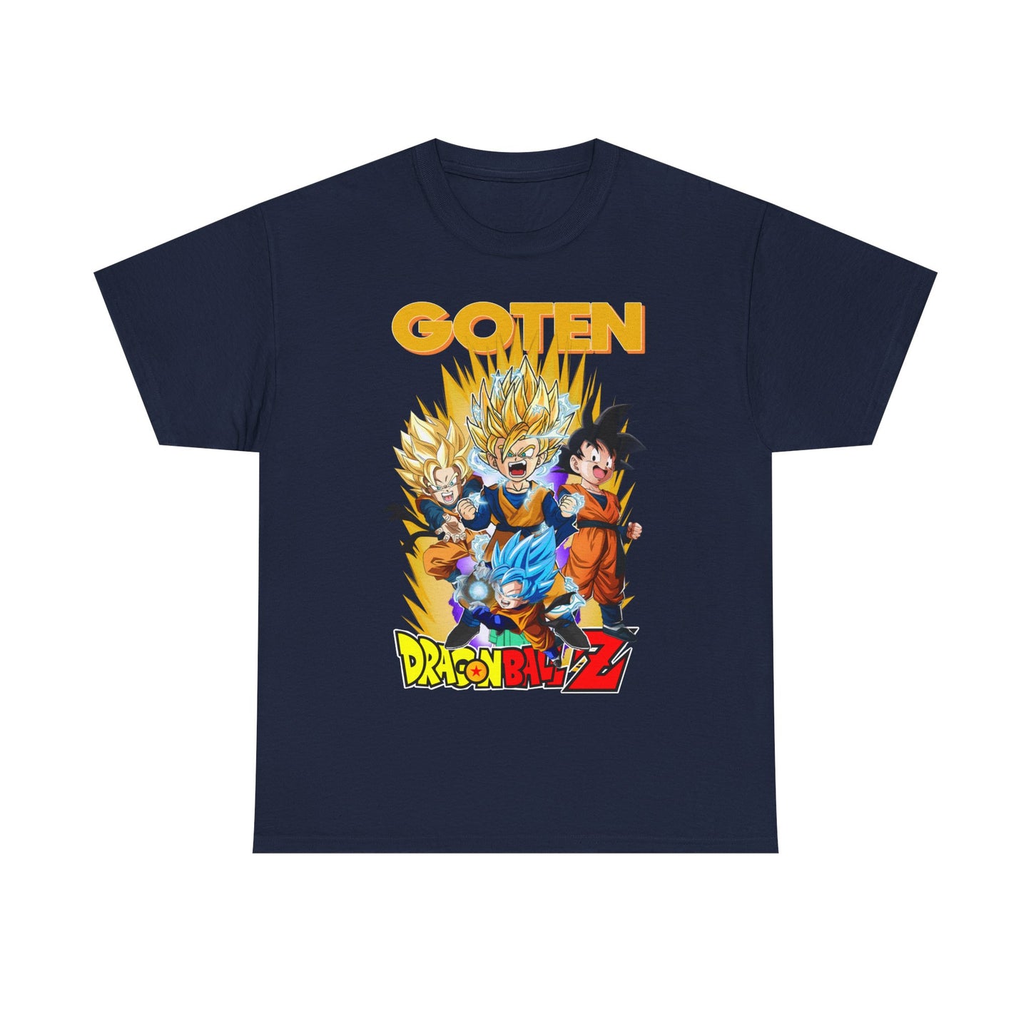 Chic navy Dragon Ball Z Goten T-shirt featuring dynamic action graphic of beloved characters, a must-have for any sophisticated anime collection.
