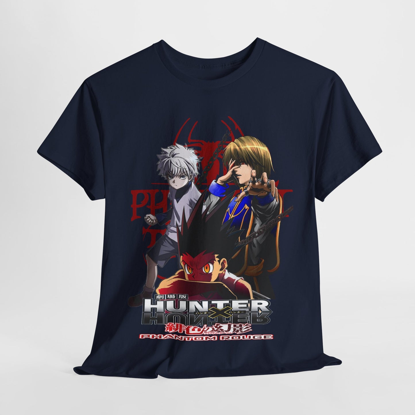 Navy T-shirt displayed flat, featuring an eye-catching anime graphic from 'Hunter x Hunter: Phantom Rouge', perfect for distinguished fans.