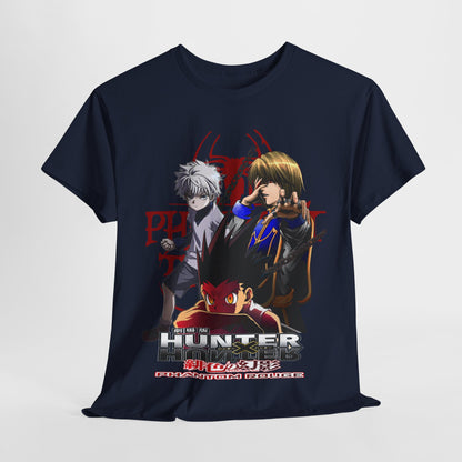 Navy T-shirt displayed flat, featuring an eye-catching anime graphic from 'Hunter x Hunter: Phantom Rouge', perfect for distinguished fans.