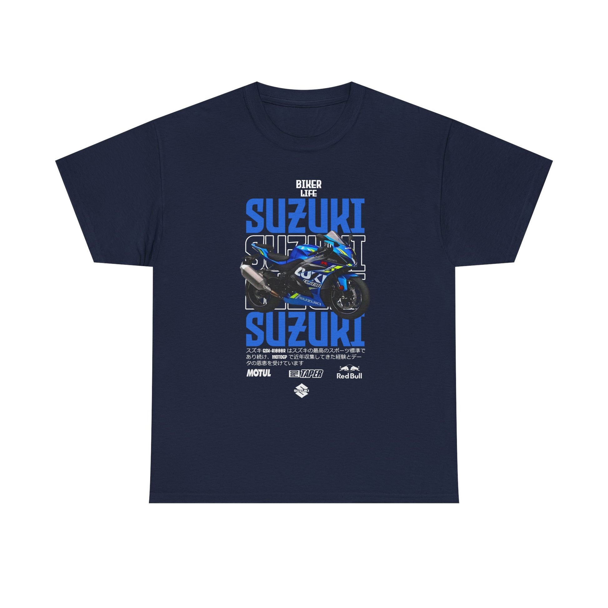 Sophisticated navy Suzuki GSX-R1000 graphic t-shirt adorned with bold 'Biker Life' branding and vibrant blue motorcycle imagery, tailored for biking aficionados.