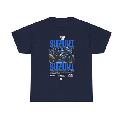 Sophisticated navy Suzuki GSX-R1000 graphic t-shirt adorned with bold 'Biker Life' branding and vibrant blue motorcycle imagery, tailored for biking aficionados.