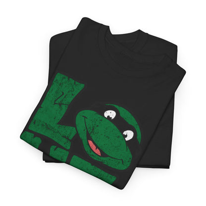 TMNT Love Unisex Mens Womens Graphic Funny T Shirt Tee Urban displayed folded, showcasing its distinctive turtle-themed graphic in a stylish black fabric.