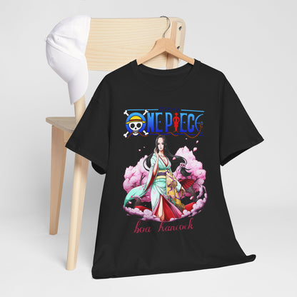 Chic men's t-shirt with Boa Hancock from One Piece, elegantly draped over a wooden chair with a cap, showcasing a blend of luxury and casual style for anime fans.