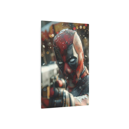 Exquisite side view of the Stunning Deadpool Metal Art Poster, emphasising the sleek aluminium design that complements contemporary wall art.