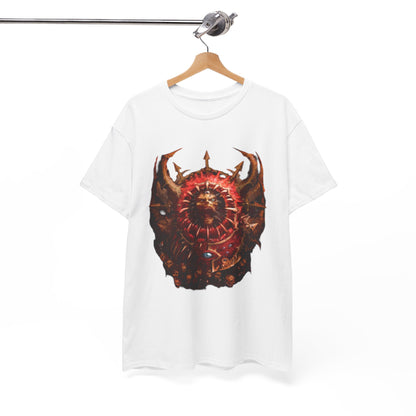 Luxury graphic cotton t-shirt featuring an intricate and artistic design inspired by Warhammer, showcasing a striking red shield with mythical elements, elegantly displayed on a wooden hanger against a minimalist backdrop.