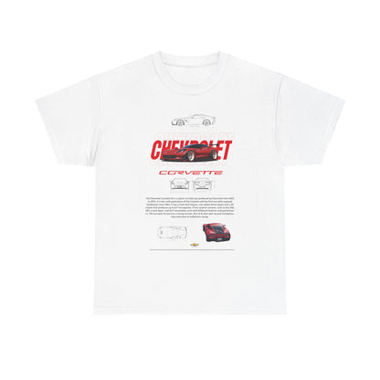 Classic white men's T-shirt displaying a vivid Chevrolet Corvette design, merging automotive excellence with sophisticated style.