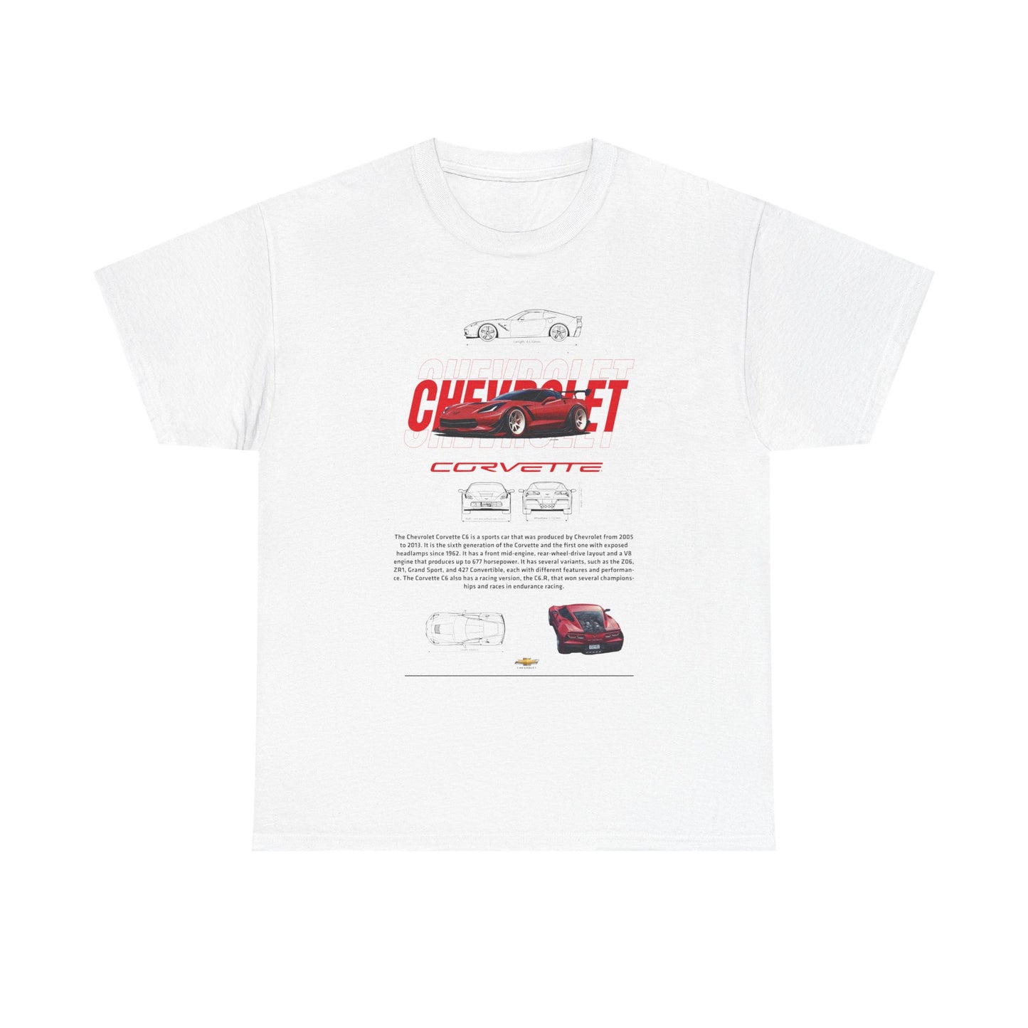 Elegant white Chevrolet Corvette C6 T-shirt with striking graphics and detailed sketches, a stylish tribute to automotive excellence.