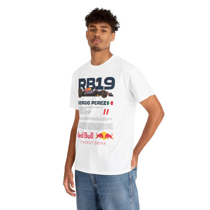 Model wearing the Men's Red Bull RB19 F1 Racing Tee, exuding confidence and style, suitable for casual outings or motorsport events.