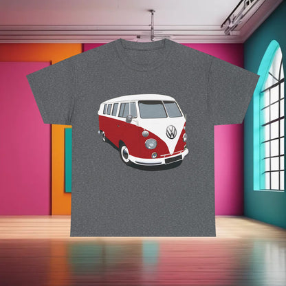 VW Camper Van Graphic T-Shirt Urban Unisex Cotton Tee featuring a chic depiction of a classic red and white Volkswagen Bus against a vibrant interior backdrop, ideal for lovers of nostalgia and luxury fashion.