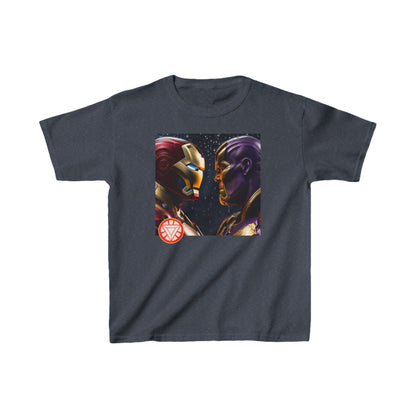 Kids Iron Man Heavy Cotton T-Shirt with Hulk Print illustrated with a bold Iron Man versus Thanos graphic, set on an elegant dark blue fabric for a sophisticated superhero look.