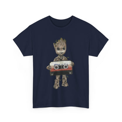 Elegant Baby Groot Awesome Mixtape Unisex Men’s Women’s Graphic T Shirt Tee in navy, featuring a vibrant illustration of Baby Groot with a retro cassette tape, perfect for casual elegance.