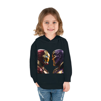 Child wearing Iron Man Vs Thanos Child’s Unisex Hoodie in black fleece, displaying dynamic superhero graphic, suitable for ages 2-5.
