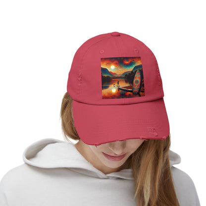 Unisex Distressed Paddleboarders Cap featuring a vibrant artwork of a paddleboard scene, perfect stylish sun protection for paddleboard enthusiasts.