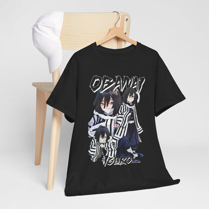 Chic black T-shirt featuring Obanai Iguro artfully styled on a wooden chair alongside a white cap, embodying modern streetwear elegance.