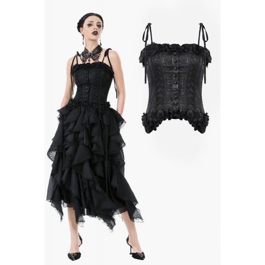 Dark in Love Selene Floral Jacquard Corset Top showcasing ruffled trims, lace-up back, and intricate floral design, perfect for a gothic chic evening look.