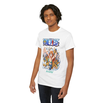 Charming male model showcasing a luxurious white Epic Men’s T-Shirt featuring an anime character, beautifully printed with a rich treasure theme.