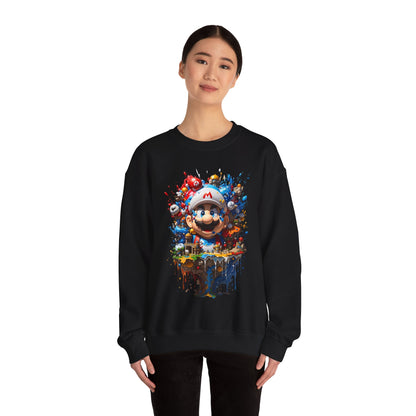 Fashionable individual wearing the Computer Game Character Unisex Crewneck Sweatshirt in black, highlighting its unique graphic design and casual elegance.
