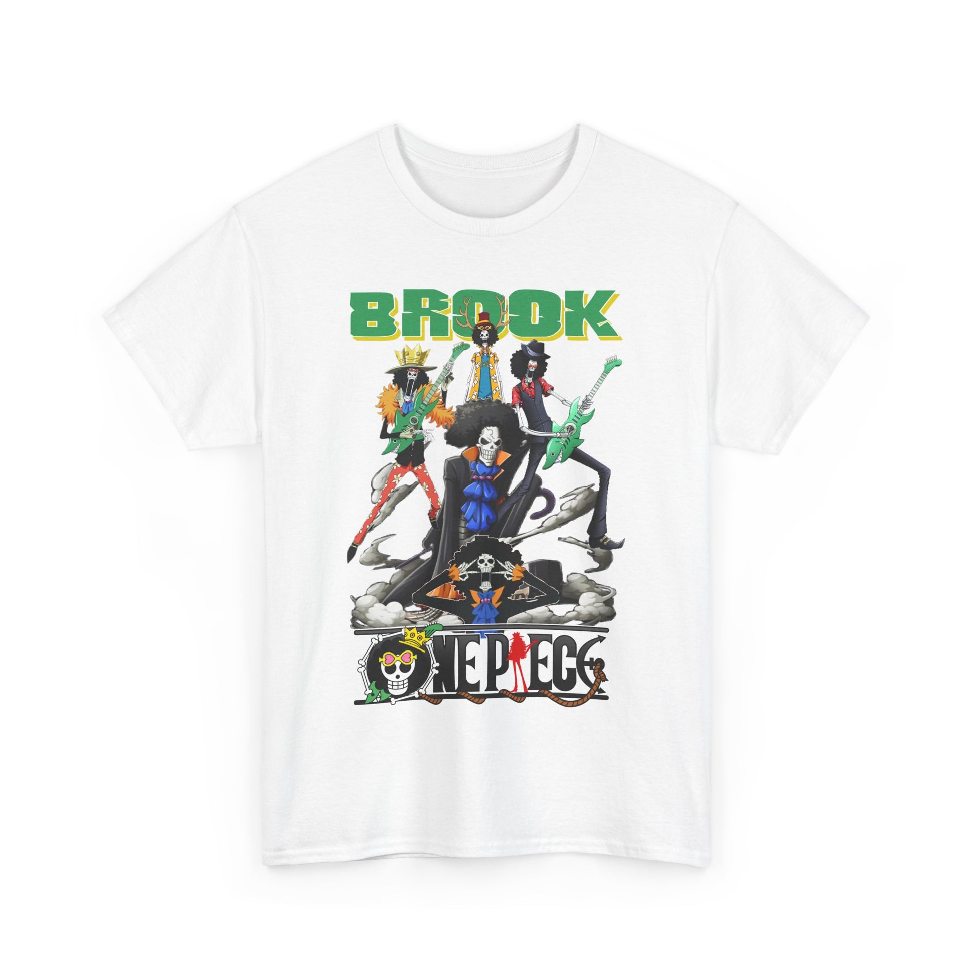 Close-up view of a stunning graphic t-shirt featuring vibrant illustrations of anime characters in a lively rock band pose, showcasing bold colours against a crisp white background.