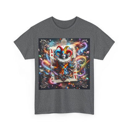 Harlequin Playing Card Graphic Tee for Unisex - Stylish Cotton Blend featuring a vibrant harlequin jester design in a cosmic backdrop showing playful sophistication.
