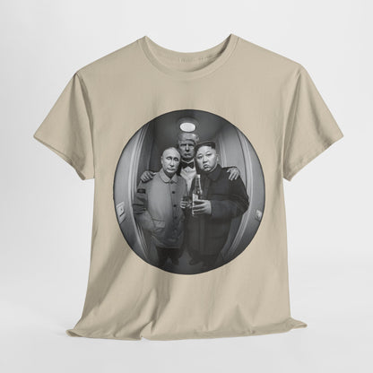 Luxury graphic T-shirt featuring a humorous black and white design of three global leaders posed together in a fisheye lens style, showcasing an ironic take on political camaraderie.