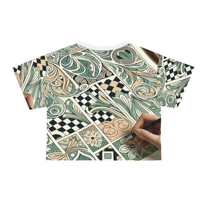 Vivienne Belmont Crop Top by Dazzling Dreams Studio, elegant pastel green tee showcasing unique checkerboard and organic patterns.